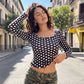 Women Square Neck Polka Dot Print Long Sleeve Top Slim Fit Stretchy Y2K Vintage Casual Basic Tee Blouse Daily Wear