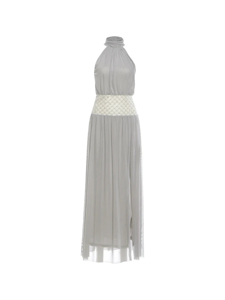Beads Sequins Patchwork Dress Women Elegant Halter Ruched Sleeveless Split Fashion Beach Evening Party Club Bodycon