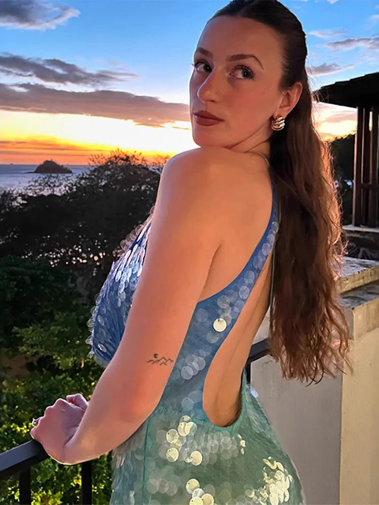 Sequins Sexy Mini Dress Women Fashion Patchwork Hollow Out Halter Sleeveless Backless High Waist Beach Holiday Dress