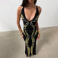 Deep V Neck Cut Out Backless Maxi Dress Print Black Evening Dresses Sexy Party Outfit for Woman 2026