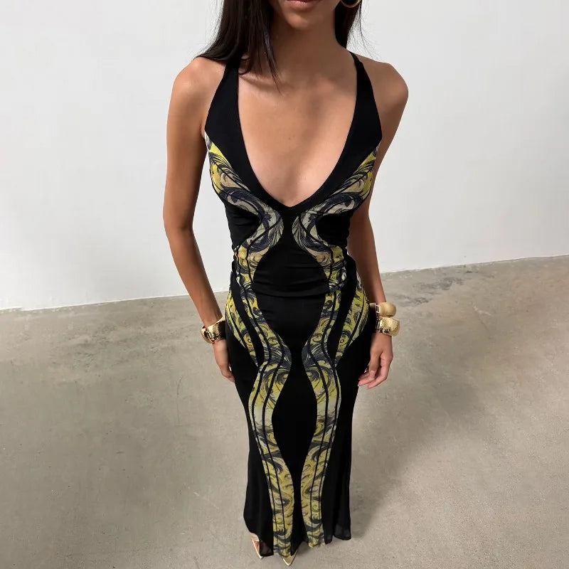 Deep V Neck Cut Out Backless Maxi Dress Print Black Evening Dresses Sexy Party Outfit for Woman 2026