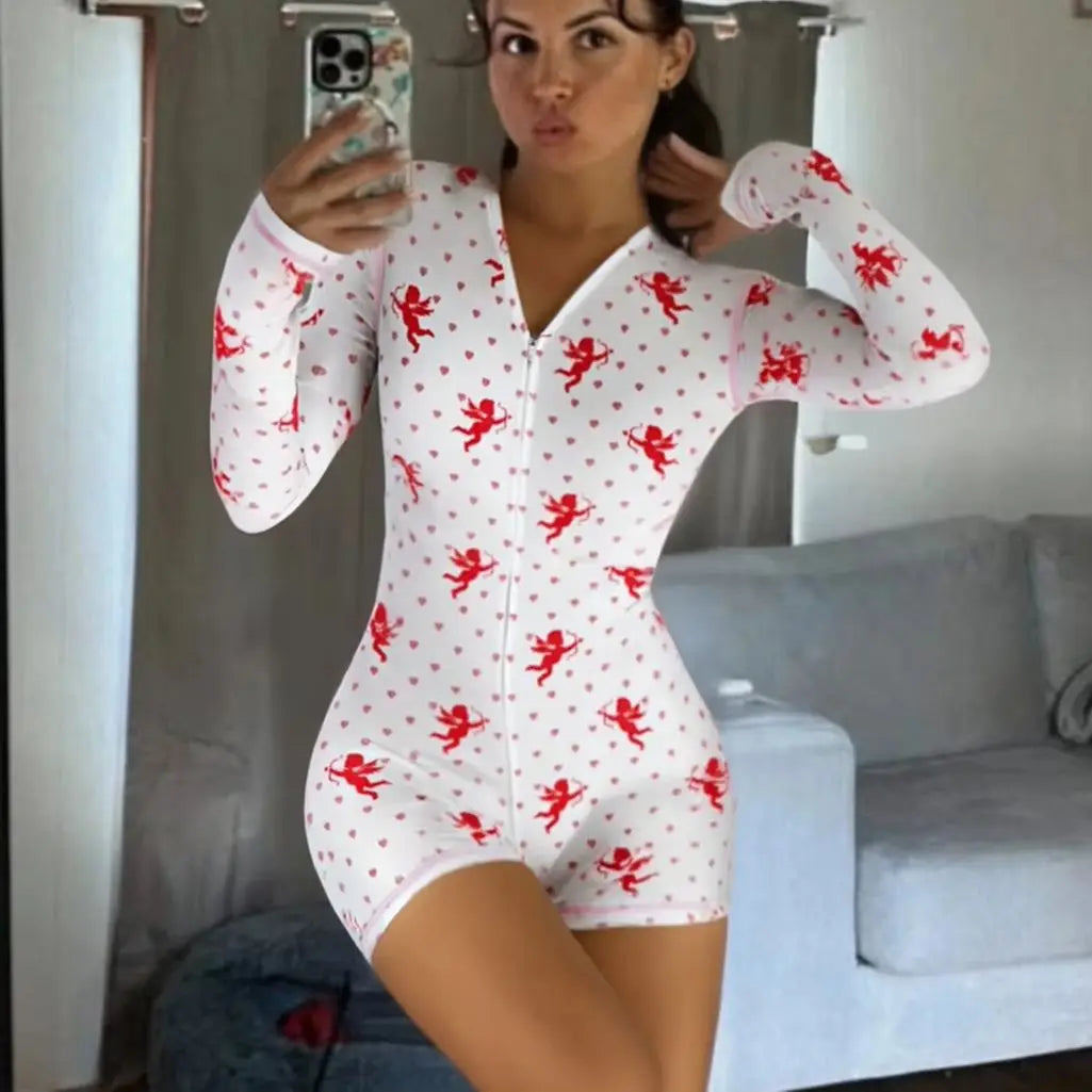 Women Sexy Bodysuit Pajama Heart Print Deep V-Neck Long Sleeve Shorts Jumpsuit Y2k Button Front Rompers Overall