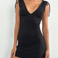 Women V Neck Tie Shoulder Sleeveless Mini Dress Ruched Bodycon Low Back Slim Fit Flared Hem Dress Club Party Dress
