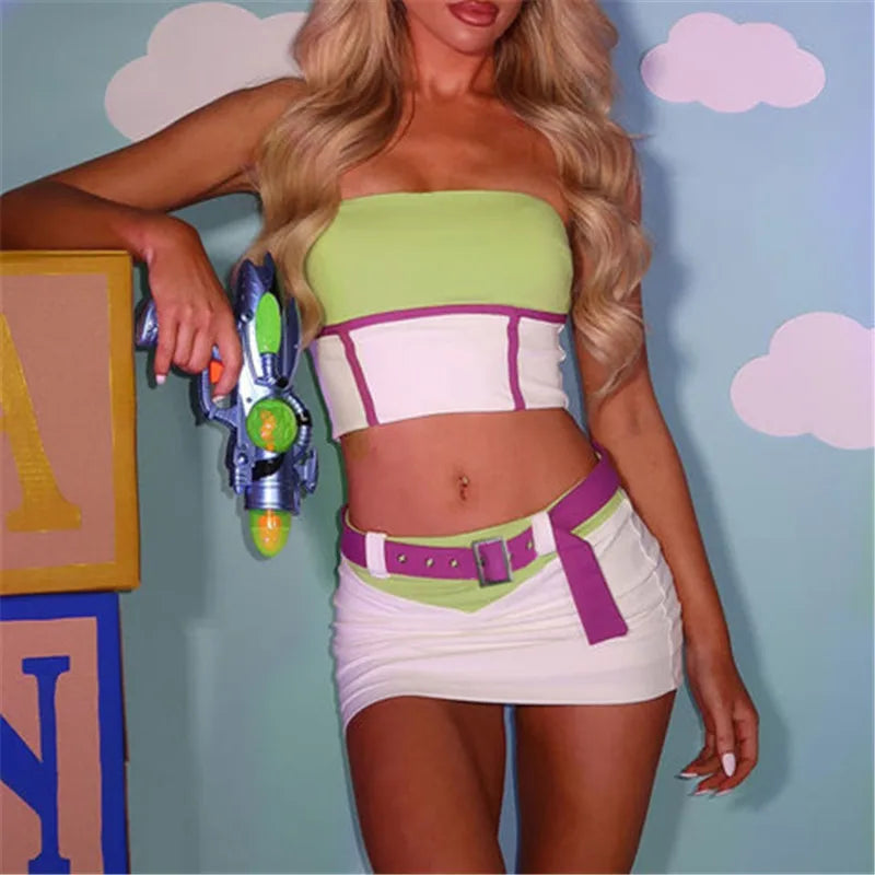 Women Color Block Strapless Tube Top Ruched Mini Bodycon Skirt Set With Belt Y2K Cartoon Cosplay Costume