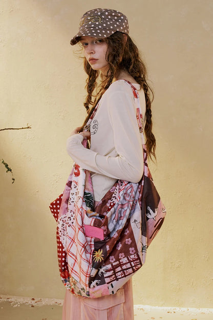 Women's Patchwork Mixed Print Canvas Shoulder Tote Bag with Adjustable Strap, Multi Pattern Large Casual Shopper Bag