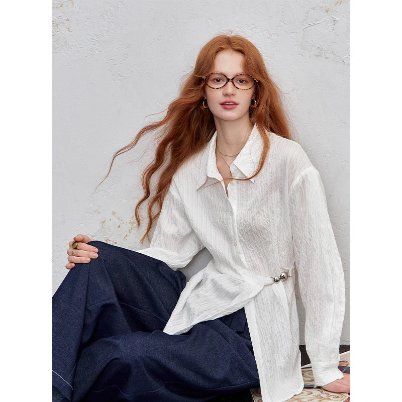2025 Autumn New Arrival Minimalist Asymmetrical Design Solid Full Sleeve Shirt For Woman