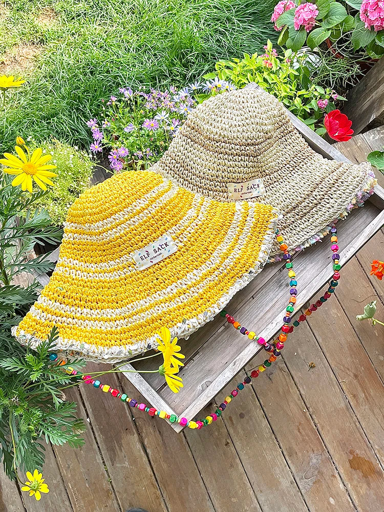 Women's Crochet Straw Bucket Hat with Colorful Bead Chain, Striped Woven Sun Hat for Summer Beach, Cute Casual Vacation