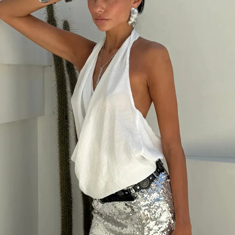 Women's Halter Cowl Neck Backless Sleeveless Top Textured Draped Cami Y2K Sexy Casual Summer Streetwear Vacation Blouse