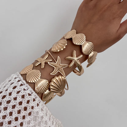 12Pcs/Set Punk Starfish Scallop Open Cuff Bangles Adjustable Rings for Women Boho  Armband Bracelets Summer Jewelry Set