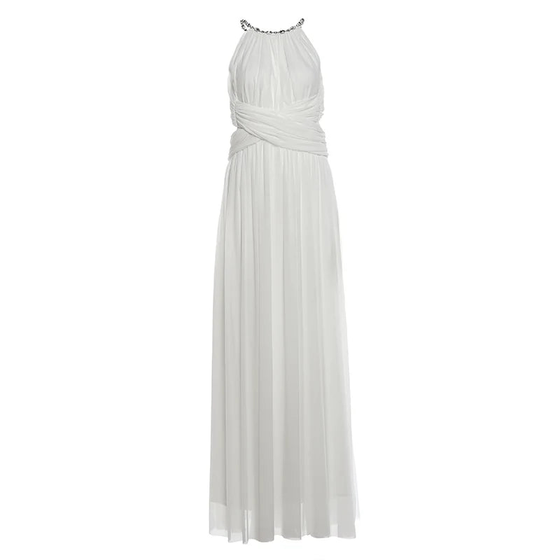 Backless Maxi Dress Women Beaded Chain Folds Sleeveless o-Neck Elegant Birthday Party Vacation Summer Trend Vestidos
