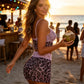 Lace Patchwork 2 Piece Set Women Leopard Mesh Hottie Bow Applique Low-Neck Tank Top+Shorts Fashion Beach Party Suits