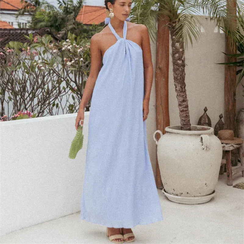 Women Halter Neck Maxi Dress Sleeveless Backless Tie Knot Flowy Casual Beach Cover Up Dress for Summer Vacation Sundress
