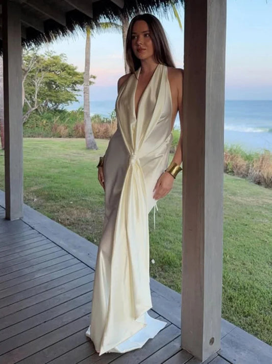 Summer White Dress Evening Party Elegant Satin Deep V Neck Backless Split Long Dresses for Woman Clothing