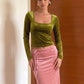 Velvet Elegant 2 Piece Set Woman Autumn Trend Square Collar Full Sleeve Crop Tops+Tassel Long Skirts Fashion Suits