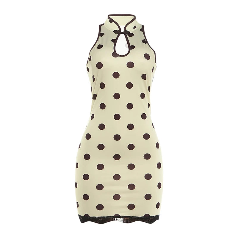 Hollow Stand-Up Collar Dress Women Polka Dot Print Patchwork Lace Sleeveless Skinny Street Summer Party Mini Bodycon