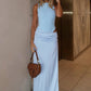 Elegant Simple Women 2 Piece Set Backless Bodysuit Tops+Ruched Side Split Satin Skirts Matching Street Party Suits