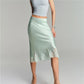 Women Silk Satin Half Slip Long Skirts Lace Patchwork Elastic Waist Long Skirt Elegant Silky Flowy A Line Midi Skirts