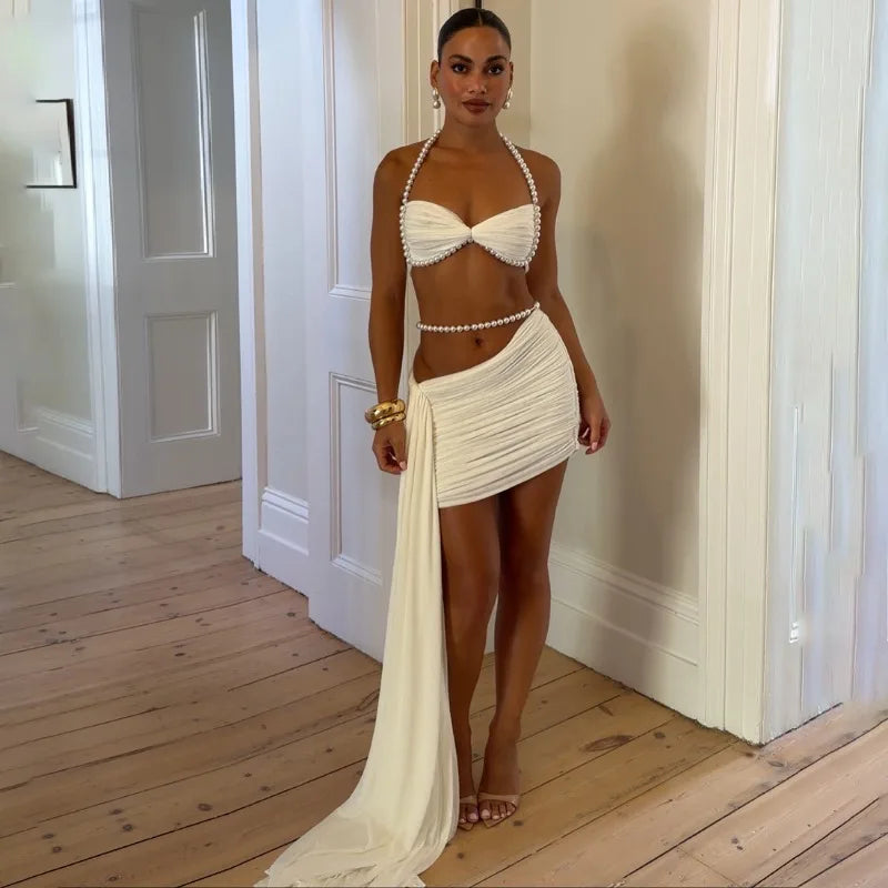 White Two Piece Outfits Women Summer Beach Vacation Halter Top and Mini Skirt Sets Sexy Clubwear Birthday