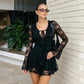 Tie Front Deep V Neck Long Sleeve Mini Dress Sexy Lace Black Fitted Autumn Dresses 2026 Woman Clothing