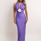 Women Halter V Neck Sexy Maxi Dress 3D Floral Decor Ruched Sleeveless Backless Split Long Bodycon Evening Party Dress