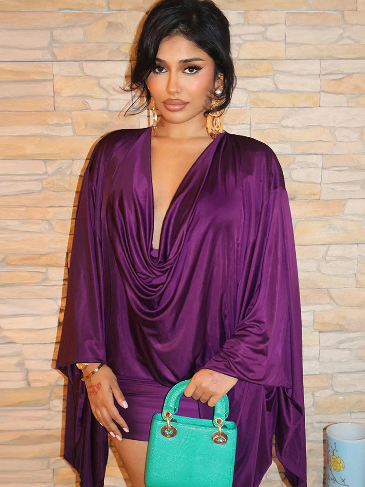 Deep V-Neck Elegant Dress Women Satin Classic Swing Long Sleeve Simple Midnight Clubwear Midnight Skinny Slim Bodycon