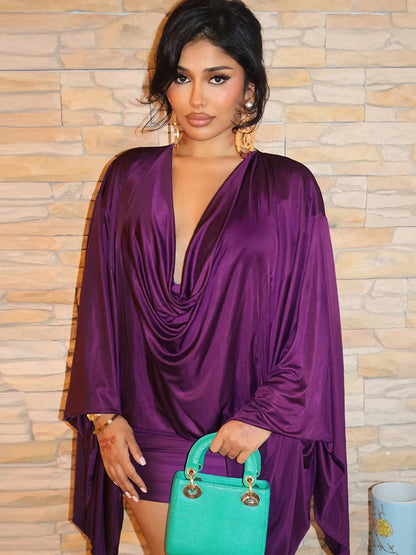 Deep V-Neck Elegant Dress Women Satin Classic Swing Long Sleeve Simple Midnight Clubwear Midnight Skinny Slim Bodycon