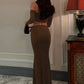 Fashion Brown Two Piece Set Women Inclined Shoulder Long Sleeve T-shirt And Maxi Skirt Matching Sets Elegant Dress Set