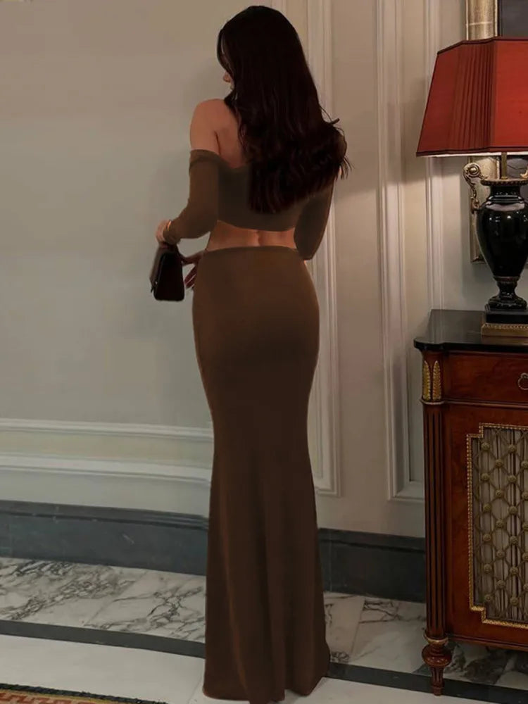 Fashion Brown Two Piece Set Women Inclined Shoulder Long Sleeve T-shirt And Maxi Skirt Matching Sets Elegant Dress Set