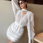 Lantern Sleeve Sexy Deep V-Neck Mesh Dress Women Trend Polka Dot Print Ruched Patchwork Chic Party Peach Hip Mini Bodycon