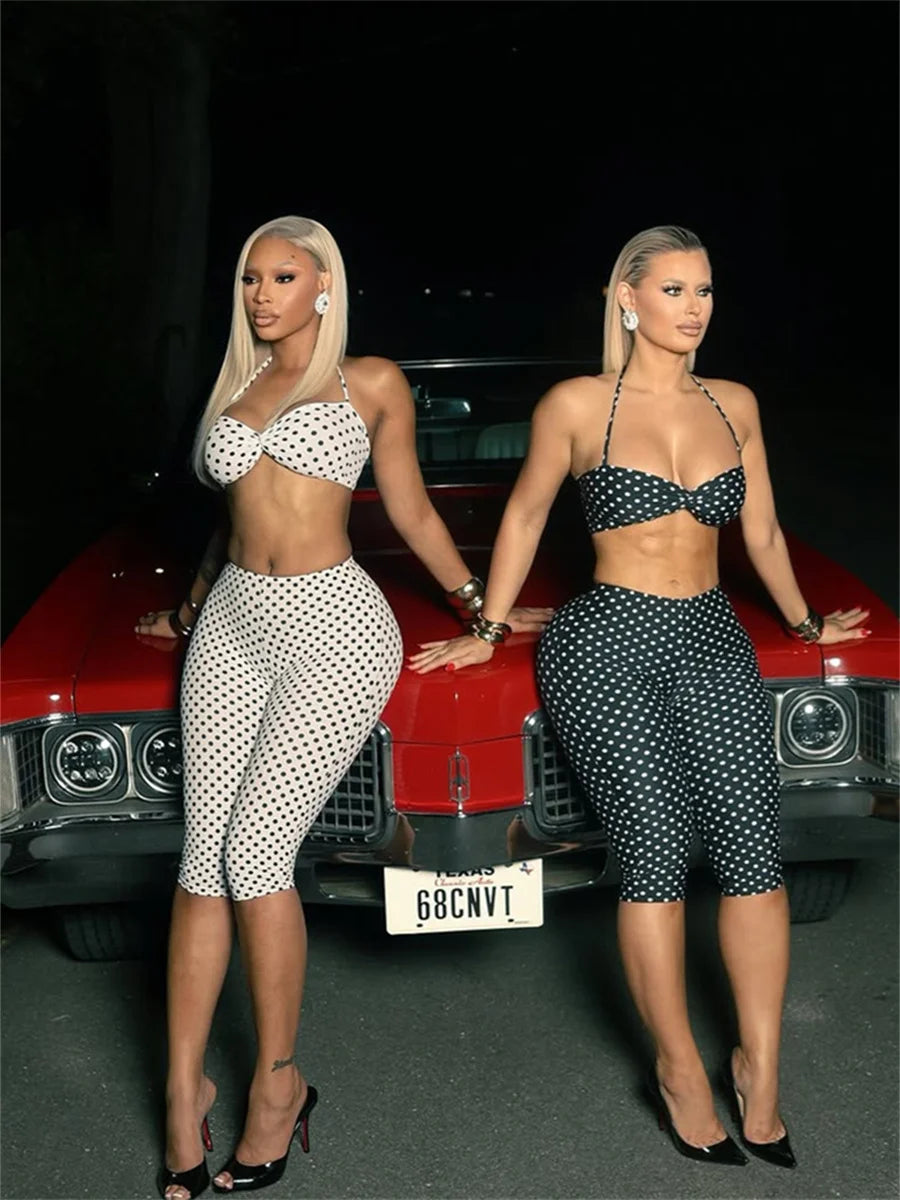 Wild Vacation 2 Piece Set Women Polka Dot Print Halter Tank Tops+Bike Shorts Stretch Matching Street Party Outfits
