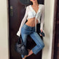 Ruffled Patchwork T-Shirt Women Autumn Simple See Through Bell Sleeve Bandages Fashion Trend Street Party Crop Tess