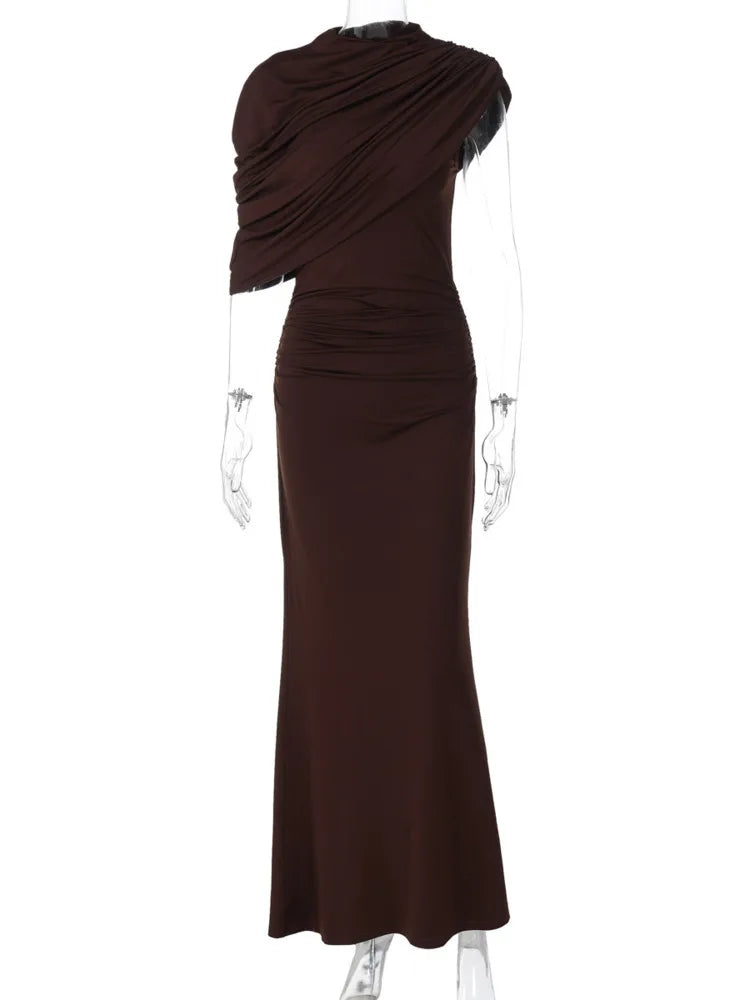 Irregular Ruched Sexy Maxi Dress For Women Elegant Autumn Inclined Shoulder Pleated Club Party Long Dresses Female