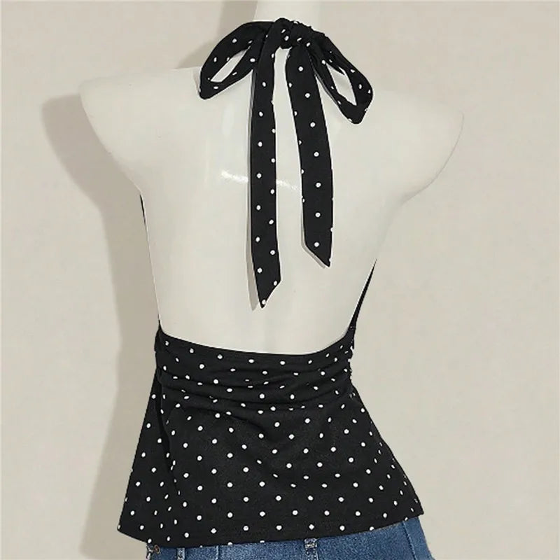 Ladies Vintage Polka Dot Halter Neck Top Deep V Tie Back Sleeveless Ruched Waist Peplum Tank Top For Y2K Streetwear