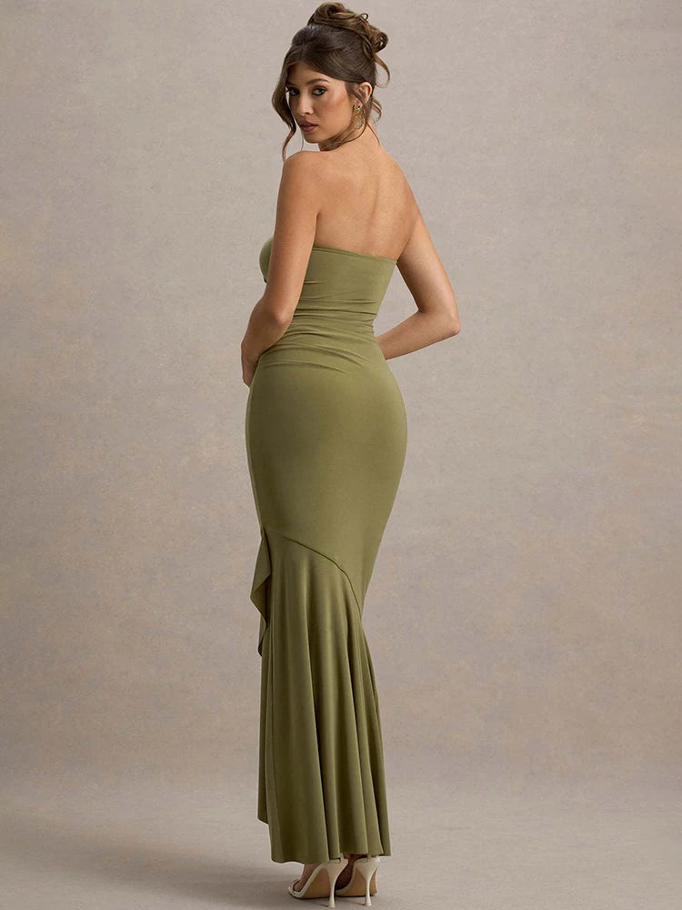 Off-shoulder Strapless Sexy Maxi Dress Women Fashion Elegant Sleeveless Backless Bodycon Pleated Club Party Long Dress