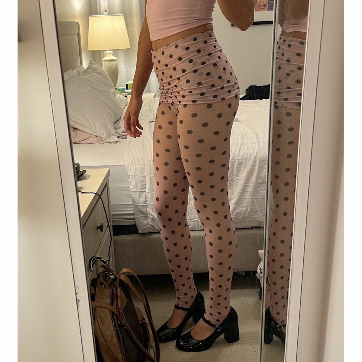 Y2K Retro Polka Dot Sheer Mesh Leggings Women High Waist Ruched See Through Skinny Pants Streetwear Clubwear Bottoms