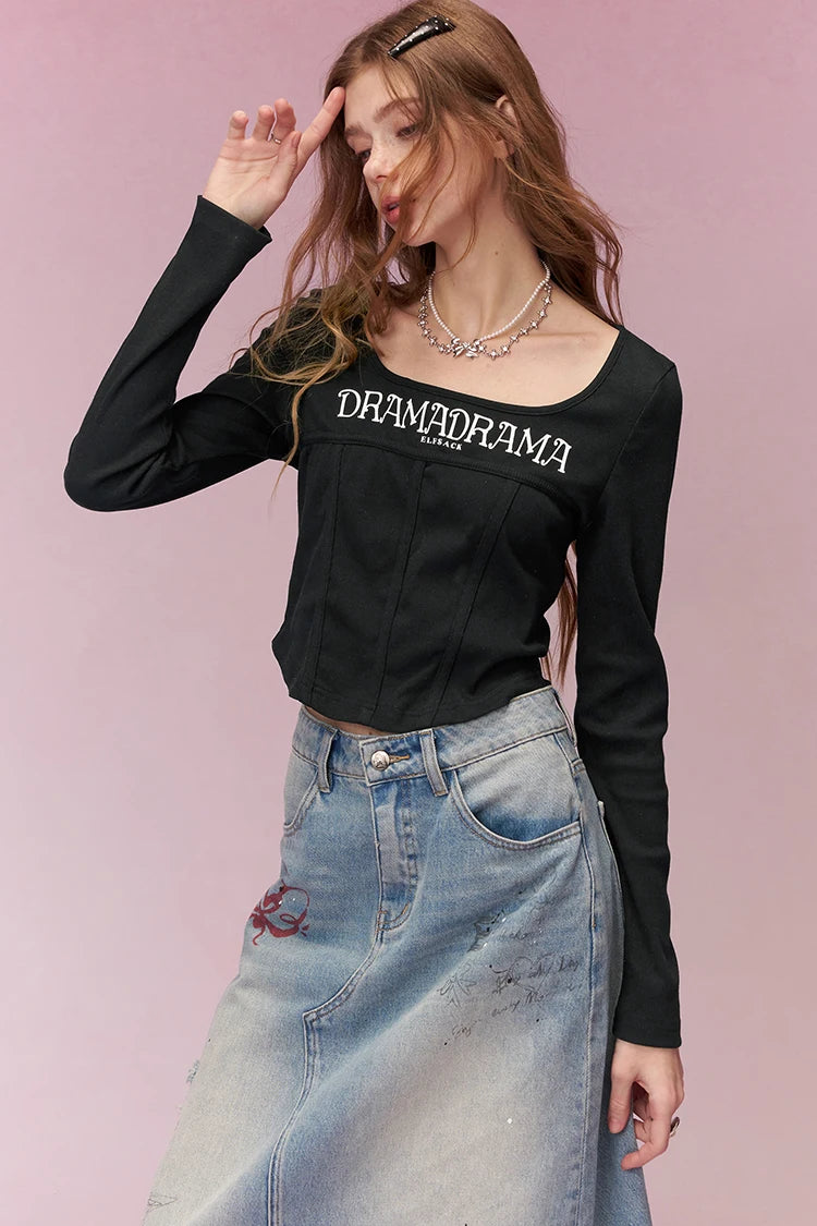 Cropped Long-Sleeve T-shirt with Letter Print, Y2K U-Neck Streetwear Tops for Women, Fashion Casual Tee for Daily Outfit