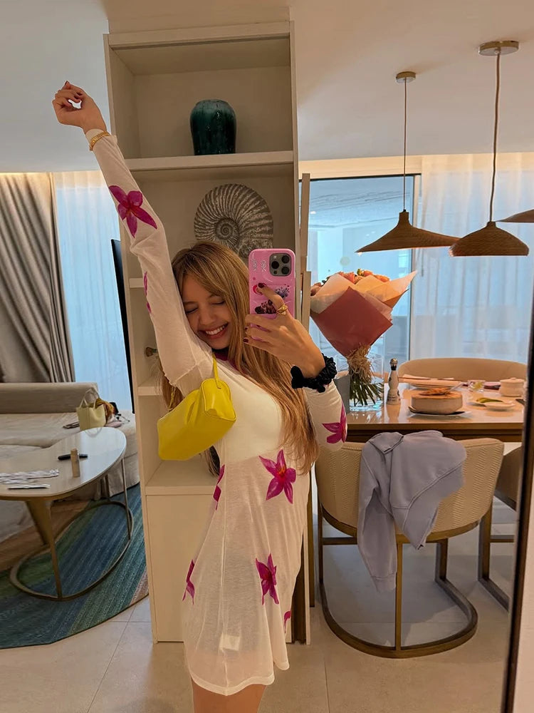 Orchid Print Dress Women See Through Full Sleeve o-Neck Skinny Autumn Simple Streetwear o-Neck Daily Basic Bodycon