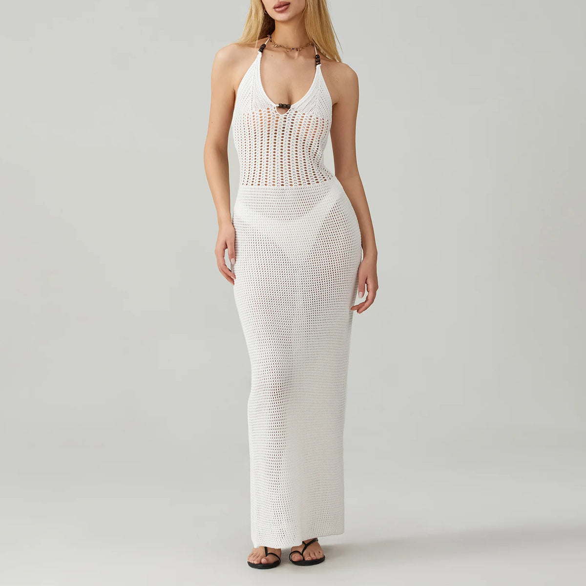 Women Backless Halter Mini Dress Casual Summer Knit Crochet Cutout Bodycon Party Dress for Beach Club Streetwear