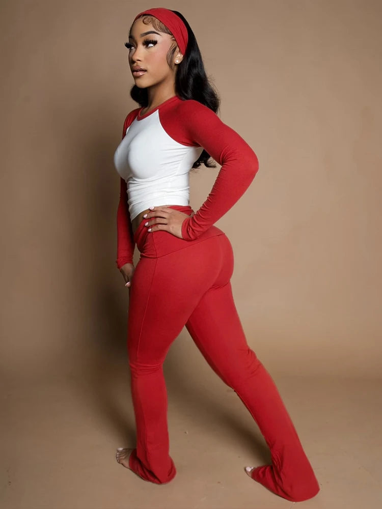 Christmas Party 2Piece Set Woman Contrast Patchwork o-Neck Full Sleeve Crop Tops+High Waist Long Pant Casual Fashion Suit