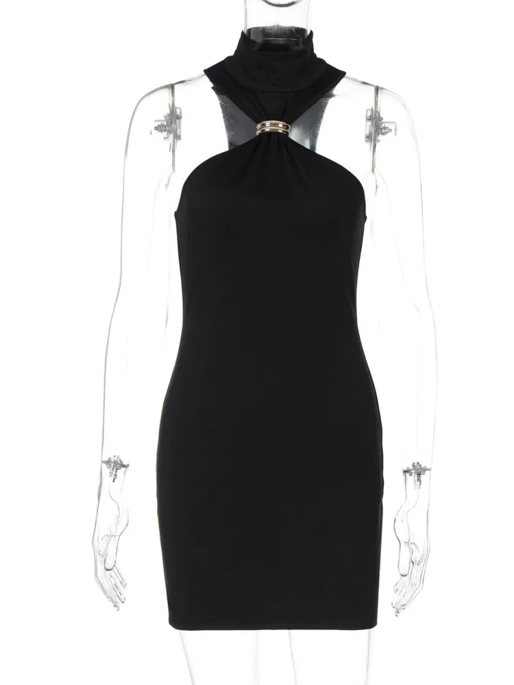 Summer Sleeveless Sexy Mini Dress Women Fashion Metal Ring Turtleneck Off-shoulder Strapless Club Party Dress Y2k