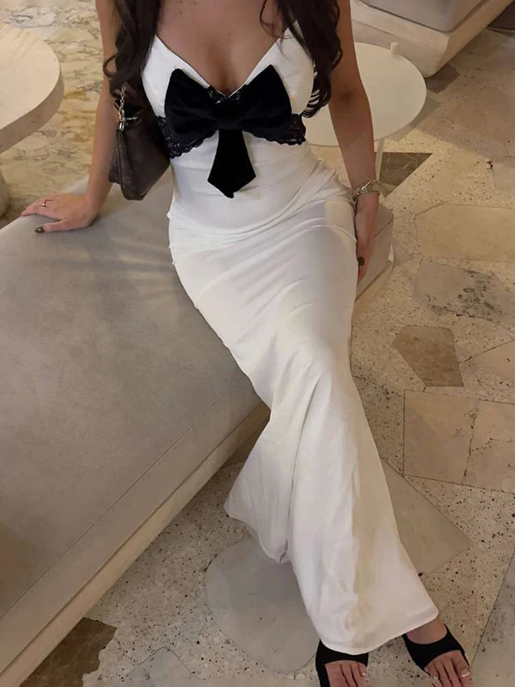 Sexy Bow Jacquard Dress Women Simple Sleeveless V-Neck Midnight Banquet Party Vacation Hipster Stretch Long Bodycon