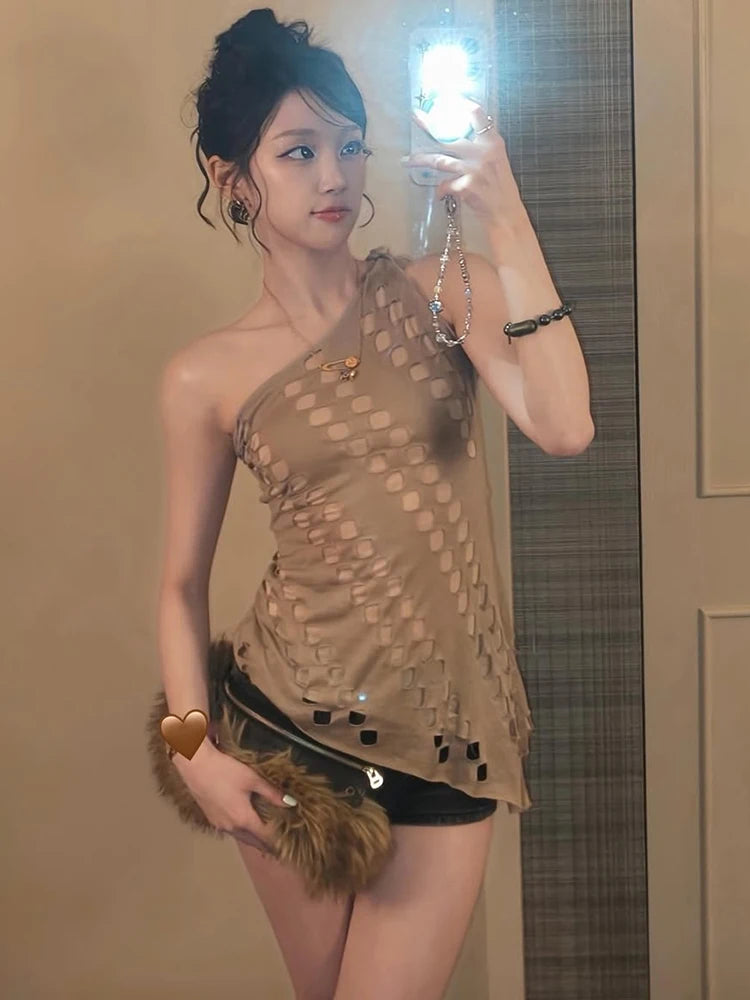 Hollow Vest Women Slanted Shoulder Skinny Sexy Irregular Hem Music Festival Hip-Hop Style Summer Classic Streetwear