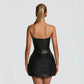 PU Leather Strapless Bodycon Dress Low Cut Fishbone Corset Pleated Mini Dresses Sexy Outfits Women Club Wear