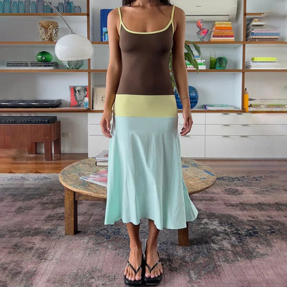 Colorblock Long Summer Dress 2026 Fashion Casual Spaghetti Strap Backless A-line Dresses