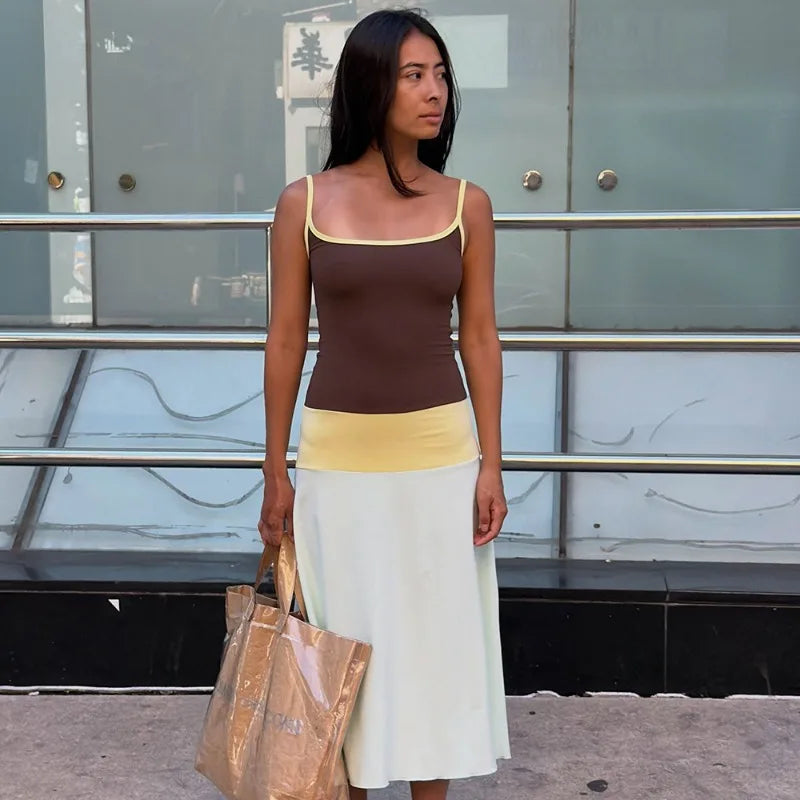 Colorblock Long Summer Dress 2026 Fashion Casual Spaghetti Strap Backless A-line Dresses