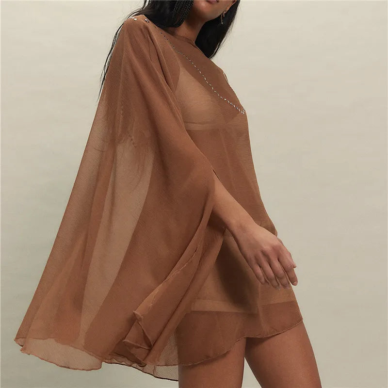 Women Sheer Chiffon Poncho Blouse Rhinestone Beaded Wide Flare Sleeve Loose Oversized Mesh Tunic Beach Cover Up Tops