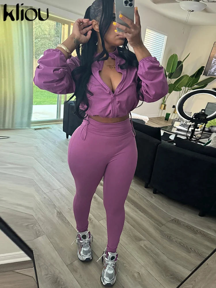 Basic Women 2 Piece Set Classic Solid Long Sleeve Drawstring Zip-up Coats+Slim Pants Female Autumn Casual Sporty Outfits