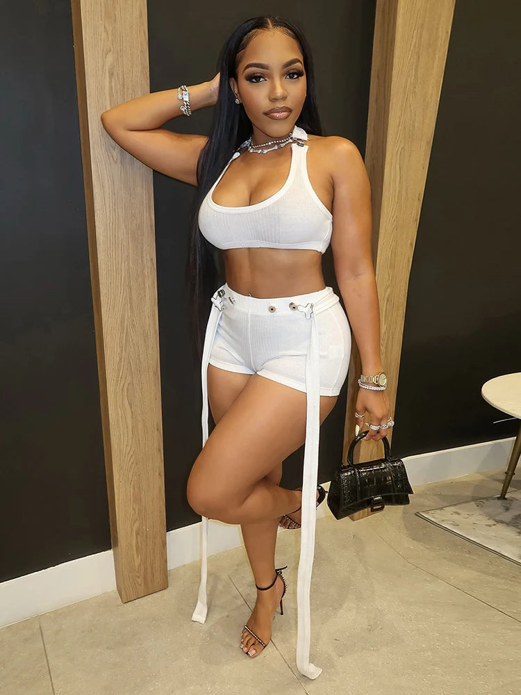 Metal Buckle Decoration 2 Piece Set Women Square Collar Tank Tops+Long Ribbon Shorts Hottie High Street Style Outfits
