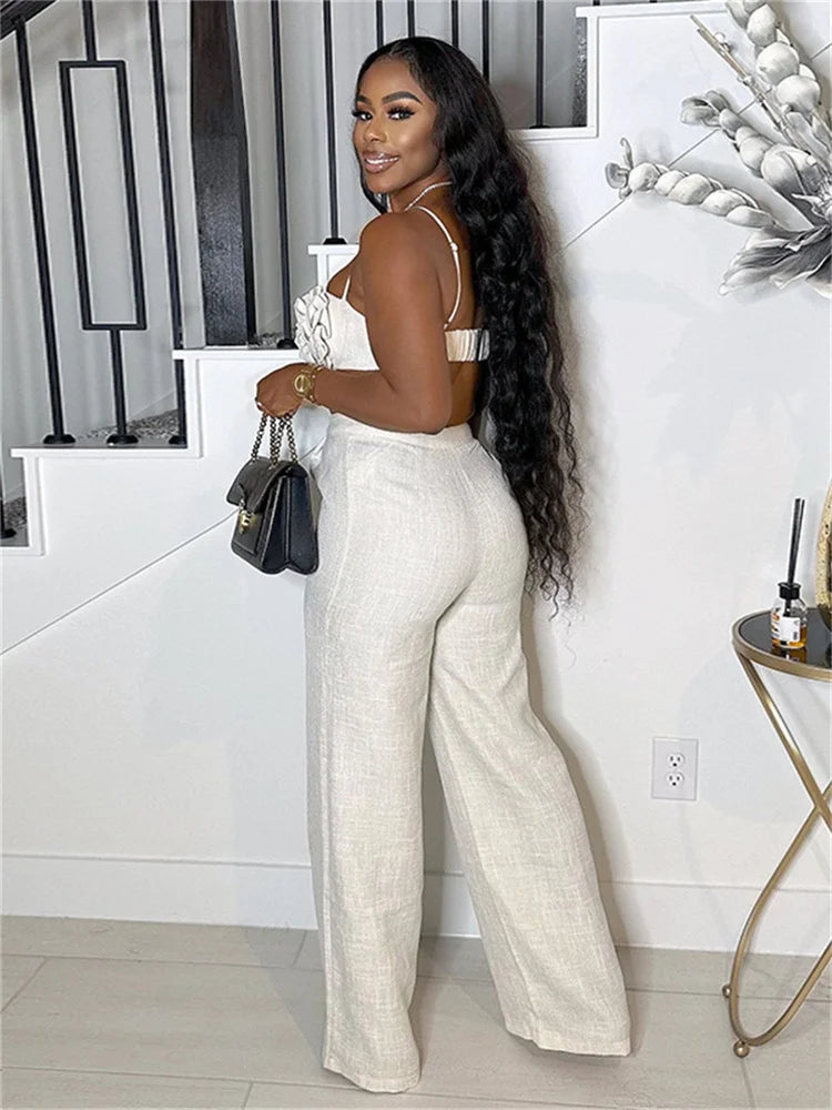 Vacation Beach Style 2 Piece Set Women Ruched Flower Bra Tops+Button Waist Straight Pants Fashion Sexy Trend Outfits