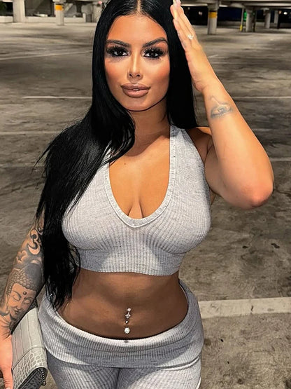 Casual Ribbed Women 2 Piece Set Casual Backless Bandage Halter Tank Tops+Lapel Pants Matching Stretch Sexy Streetwear